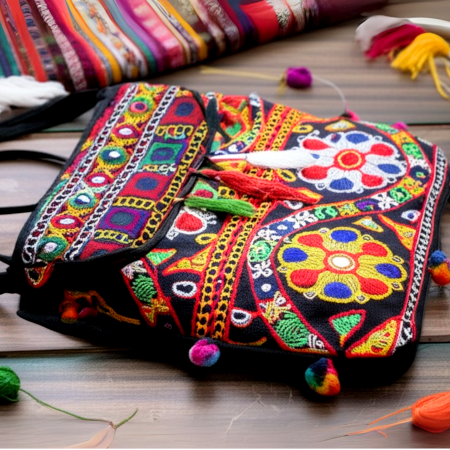 Jaipuri Handmade Embroidered Cotton Sling Bag – Traditional Rajasthani Crossbody Bag with Tassels for Women